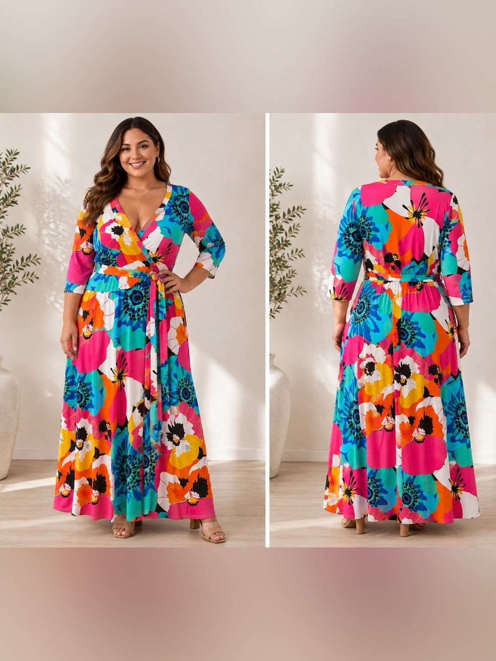 NWT Ashley Stewart 18/20 Floral Surplice Maxi Dress Belted Plus Size